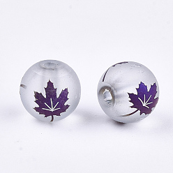 Indigo Autumn Theme Electroplate Transparent Glass Beads, Frosted, Round with Maple Leaf Pattern, Indigo, 8~8.5mm, Hole: 1.5mm