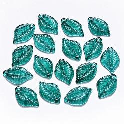 Light Sea Green Transparent Baking Painted Glass Pendants, Leaf, Light Sea Green, 22.5x14.5x3.5mm, Hole: 1.2mm