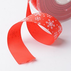 Red Snowflake Polyester Grosgrain Ribbon for Christmas, Red, 1 inch(25mm), about 100yards/roll(91.44m/roll)