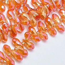 Dark Orange Electroplate Glass Beads Strands, Top Drilled Beads, Full Pearl Luster Plated, Faceted, Teardrop, Dark Orange, 12x6mm, Hole: 1mm