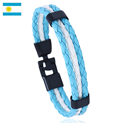 Deep Sky Blue Flag Color Imitation Leather Triple Line Cord Bracelet with Alloy Clasp, Argentina Theme Jewelry for Men Women, Deep Sky Blue, 8-1/4 inch(21cm)