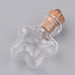 Clear Glass Bottle Pendants, with Wood Cork Stopper, Mixed Shapes, Clear, 32.5~34.5x15~22x11~20mm, Hole: 1.5mm, Bottle Capacity: 1~2.5ml(0.03~0.08 fl. oz)