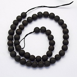 Black Plated Electroplate Natural Druzy Agate Beads Strands, Dyed, Round, Frosted, Black Plated, 14mm, Hole: 1mm, about 28pcs/strand, 15.7 inch(40cm)