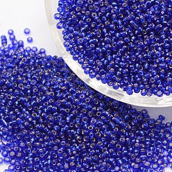 Dark Blue 6/0 Transparent Glass Round Seed Beads, Grade A, Silver Lined, Dark Blue, 3.6~4.0mm, Hole: 1.2mm, about 5000pcs/pound