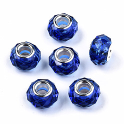 Bleu Résine transparente perles européennes, cristal d'imitation, Perles avec un grand trou   , laiton avec ton argent noyaux doubles, facette, rondelle, bleu, 14x9.5mm, Trou: 5mm