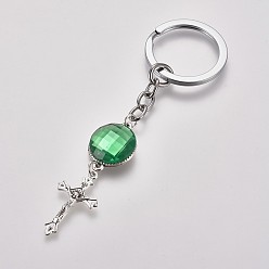 Mixed Color Acrylic Rhinestone Keychain, with Tibetan Style Crucifix Pendants and Alloy Findings, Mixed Color, 120mm