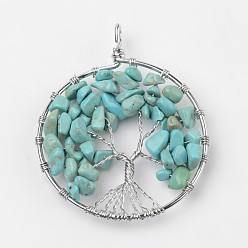 Synthetic Turquoise Tree of Life Synthetic Turquoise Big Pendants, with Brass Findings, Platinum, 63~65x49~51x8~10mm, Hole: 8~10mm