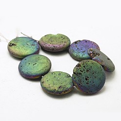 Multi-color Plated Electroplated Natural Druzy Geode Crystal Beads Strands, Flat Round, Dyed, Multi-color Plated, 30x7~8mm, Hole: 2mm, about 7pcs/strand, 8.26 inch(21cm)