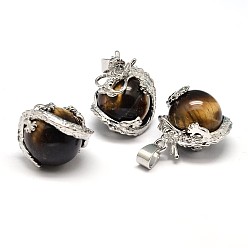 Tiger Eye Dragon Platinum Plated Brass Natural Tiger Eye Pendants, Cadmium Free & Lead Free, 26~27x22x17~18.5mm, Hole: 4x8.5mm