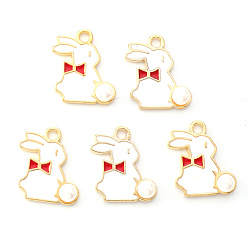 Red Light Gold Plated Alloy Enamel Pendants, Rabbit with Pearl, Red, 17x13x1.5mm, Hole: 1.8mm