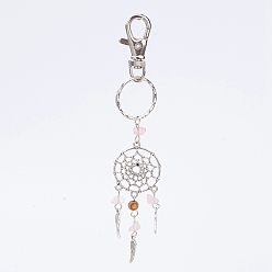Mixed Stone Woven Net/Web with Feather Alloy Keychain, with Mixed Gemstone Beads and Brass Finding, Antique Silver and Platinum, 110mm