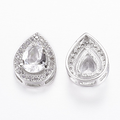 Real Platinum Plated Brass Micro Pave Cubic Zirconia Slide Charms, Rack Plating & Long-Lasting Plated, Cadmium Free & Nickel Free & Lead Free, Real Platinum Plated, teardrop, 16x12x7.5mm, Hole: 1.5x2~6mm