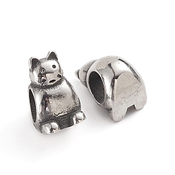 Antique Silver 304 Stainless Steel European Beads, Large Hole Beads, Cat, Antique Silver, 12.2x7.5x8.5mm, Hole: 5mm