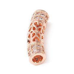Розовое Золото Латунные микро проложить кубического циркония бусы, полый, кривой трубки, розовое золото , 21x6 мм, отверстие : 2.8 мм