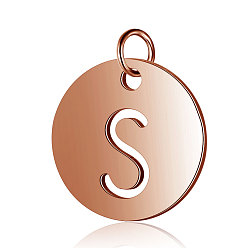Letter S 304 Stainless Steel Charms, Flat Round with Letter, Rose Gold, Letter.S, 12x1mm, Hole: 2.5mm