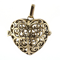 Antique Bronze Rack Plating Brass Cage Pendants, For Chime Ball Pendant Necklaces Making, Hollow Heart, Antique Bronze, 30x34x18mm, Hole: 3.5x7mm, inner measure: 22x25mm
