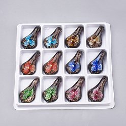 Mixed Color Handmade Gold Sand Lampwork Big Pendants, Inner Flower, Leaf, Mixed Color, 52~55x27.5~29x12.5~17mm, Hole: 6.5~10mm
