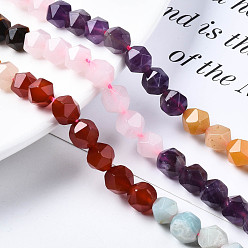 Mixed Stone Chakra Theme Natural Tiger Eye & Rose Quartz & Amethyst & Topaz Jade & Red Agate & Amazonite & Sodalite Beads Strands, Star Cut Round Beads, Faceted, 8~10x7~8mm, Hole: 1mm, about 48~49pcs/strand, 15.35 inch(39cm)