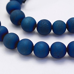 Blue Plated Electroplate Natural Druzy Agate Beads Strands, Dyed, Round, Frosted, Blue Plated, 14mm, Hole: 1mm, about 28pcs/strand, 15.7 inch(40cm)