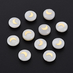 Doré  Perles de coquillages naturels d'eau douce, avec des ornements en métal en laiton doré, plat rond avec la lune, couleur de coquillage, 8x4.5mm, Trou: 0.6mm