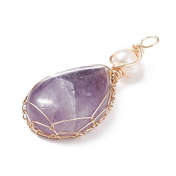 Amethyst Natural Amethyst Copper Wire Wrapped Pendants, with Grade A Natural Cultured Freshwater Pearl, Real 18K Gold Plated, Teardrop, 38~43x19~19.5x8~8.5mm, Hole: 3.5~3.8mm