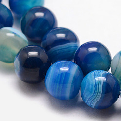 Deep Sky Blue Natural Striped Agate/Banded Agate Bead Strands, Round, Grade A, Dyed & Heated, Deep Sky Blue, 8mm, Hole: 1mm, about 47pcs/strand, 15 inch