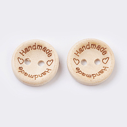 Blanched Almond Wooden Buttons, 2-Hole, with Word, Flat Round with Word Handmade, Blanched Almond, 15x3~3.5mm, Hole: 2mm