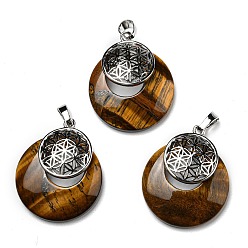 Tiger Eye Natural Tiger Eye Pendants, Spiritual Charms, with Platinum Tone Brass Findings, Flat Round with Flower of Life/Sacred Geometry, 32~32.5x28~30x7~7.5mm, Hole: 5x8mm