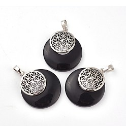 Black Stone Synthetic Black Stone Pendants, Spiritual Charms, with Platinum Tone Brass Findings, Flat Round with Flower of Life/Sacred Geometry, 32~32.5x28~30x7~7.5mm, Hole: 5x8mm