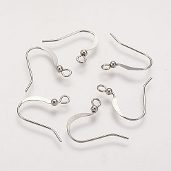 Platinum Brass French Earring Hooks, Flat Earring Hooks, Ear Wire, Nickel Free, with Beads and Horizontal Loop, Platinum, 15mm, Hole: 2mm, 21 Gauge, Pin: 0.7mm