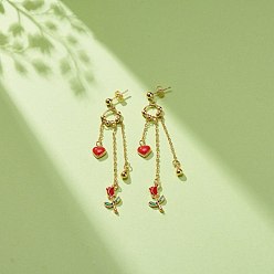 Red Enamel Heart & Rose Dangle Stud Earrings, Gold Plated Alloy Long Tassel Drop Earrings for Valentine's Day, Red, 80mm, Pin: 0.8mm