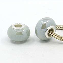 Azure Handmade Porcelain European Beads, with Silver Color Brass Double Cores, Rondelle, Azure, 15x10~11mm, Hole: 5mm