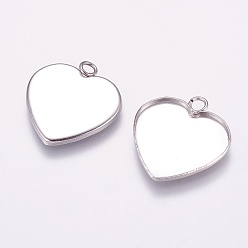 Stainless Steel Color 304 Stainless Steel Pendant Cabochon Settings, Plain Edge Bezel Cups, Heart, Stainless Steel Color, Tray: 19x19mm, 22x20x2mm, Hole: 1mm