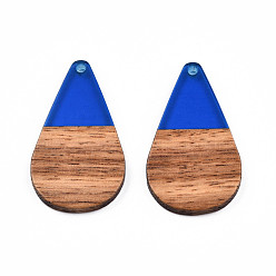 Blue Transparent Resin & Walnut Wood Pendants, Teardrop Shape Charm, Blue, 38x22x3mm, Hole: 2mm