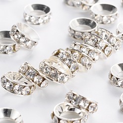 Crystal Brass Rhinestone Spacer Beads, Grade A, Rondelle, Silver Color Plated, Crystal, 10x4.2mm, Hole: 5.2~5.7mm