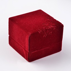 Red Square Velvet Ring Boxes, Flower Pattern, Jewelry Gift Boxes, Red, 6x6x5cm