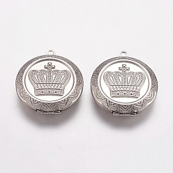 Stainless Steel Color 304 Stainless Steel Locket Pendants, Flat Round with Crown, Stainless Steel Color, 31x36x9mm, Hole: 2mm, 23mm inner diameter