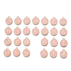 Pink Initial Letter A~Z Alphabet Enamel Charms, Flat Round Disc Double Sided Charms, Golden Plated Enamelled Sequins Alloy Charms, Pink, 14x12x2mm, Hole: 1.5mm, 26pcs/set