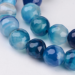Blue Natural Striped Agate/Banded Agate Beads, Dyed, Faceted, Round, Blue, Size: about 8mm in diameter, hole: 1mm, 43pcs/strand, 15.5 inch