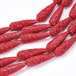 Mixed Color Synthetic Coral Beads Strands, Dyed, Teardrop with Flower, Mixed Color, 33.5x10.5mm, Hole: 2mm, , about 11pcs/strand, 14.6 inch(37cm)