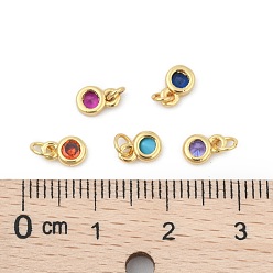 Mixed Color Brass with Single Cubic Zirconia Charms, Single Stone Charms, Flat Round, Golden, Mixed Color, 6.5x4.5x2mm, Hole: 2.5~3mm