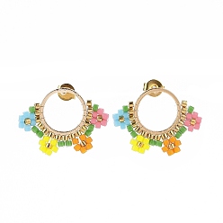 Coloré Boucles d'oreilles pendantes tige fleur tressée graine de verre, boucles d'oreilles cercle en laiton doré pour femme, colorées, 17~17.5x22.5~23mm, pin: 0.6 mm