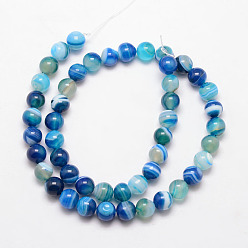 Deep Sky Blue Natural Striped Agate/Banded Agate Bead Strands, Round, Grade A, Dyed & Heated, Deep Sky Blue, 8mm, Hole: 1mm, about 47pcs/strand, 15 inch