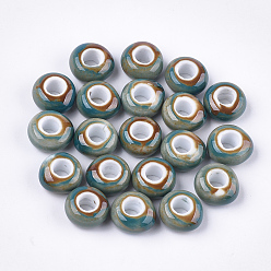 Steel Blue Handmade Porcelain Beads, Fancy Antique Glazed Porcelain, Large Hole Beads, Rondelle, Steel Blue, 15x8mm, Hole: 6mm