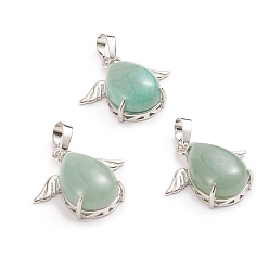 Green Aventurine Natural Green Aventurine Pendants, with Platinum Tone Brass Cabochons Settings, teardrop, with Wing, 23~23.5x25x8~9mm, Hole: 8x5mm