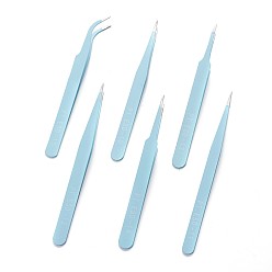 Aquamarine Stainless Steel Beading Tweezers Sets, Stainless Steel Color, Aquamarine, 11.7~12.5x0.9~1.05cm, Packaging Size: 13.7x12.6cm, 6pcs/set