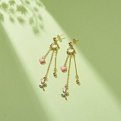 Pink Enamel Heart & Rose Dangle Stud Earrings, Gold Plated Alloy Long Tassel Drop Earrings for Valentine's Day, Pink, 80mm, Pin: 0.8mm