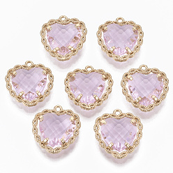 Pink Glass Pendants, with Brass Open Back Settings, Faceted, Heart, Light Gold, Pink, 18x16~17x5.5mm, Hole: 1.2mm
