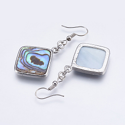 Platinum Abalone Shell/Paua Shell Dangle Earrings, with Brass Findings, Mixed Shapes, Platinum, 38~58mm, Pin: 0.7mm