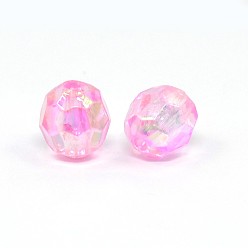 Pink Eco-Friendly Transparent Acrylic Beads, Faceted, Round, AB Color, Pink, 8mm, Hole: 1.5mm, about 2000pcs/500g